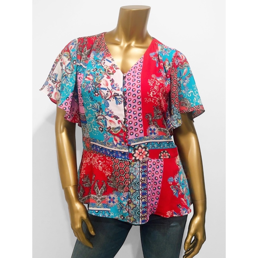 Chicos Patchwork Print Peplum Flutter Sleeve Top … - image 3